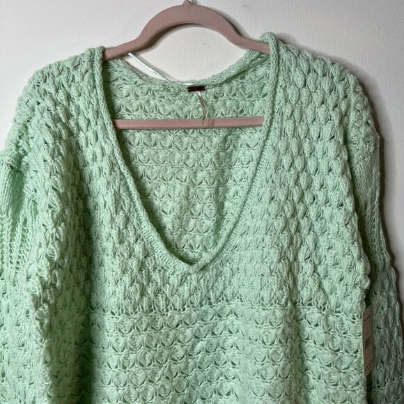 Free People Crashing Waves Open-Knit Chunky Oversized Sweater Mint Green Large - Picture 6 of 11